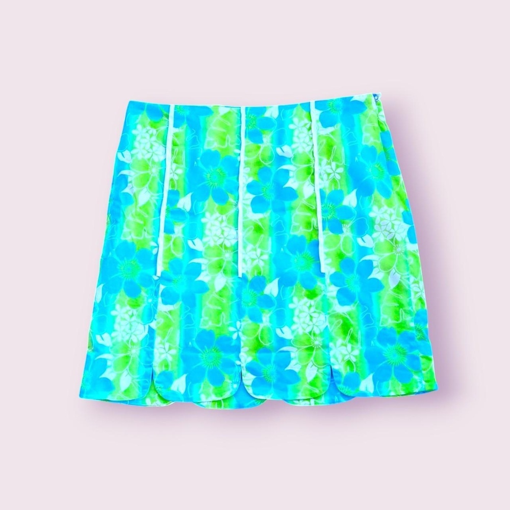Tropical print gyaru style / heisei retro mini skirt with green and blue hibiscu